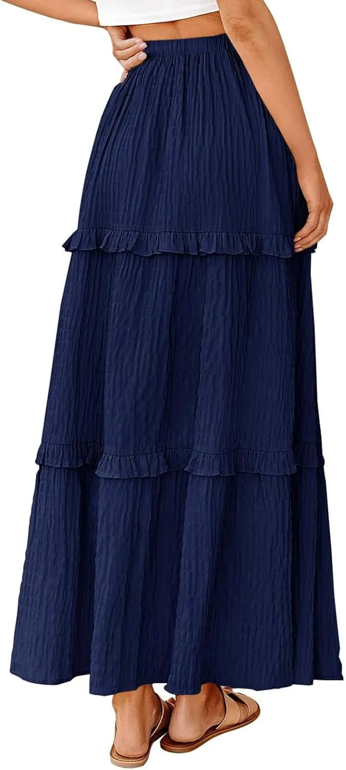 Womens Boho Floral Wrap Maxi Skirt High Waist Pleated A-Line Flowy Swing Line Maxi Long Skirt Beach Skirts