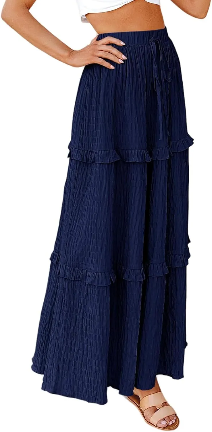 Womens Boho Floral Wrap Maxi Skirt High Waist Pleated A-Line Flowy Swing Line Maxi Long Skirt Beach Skirts