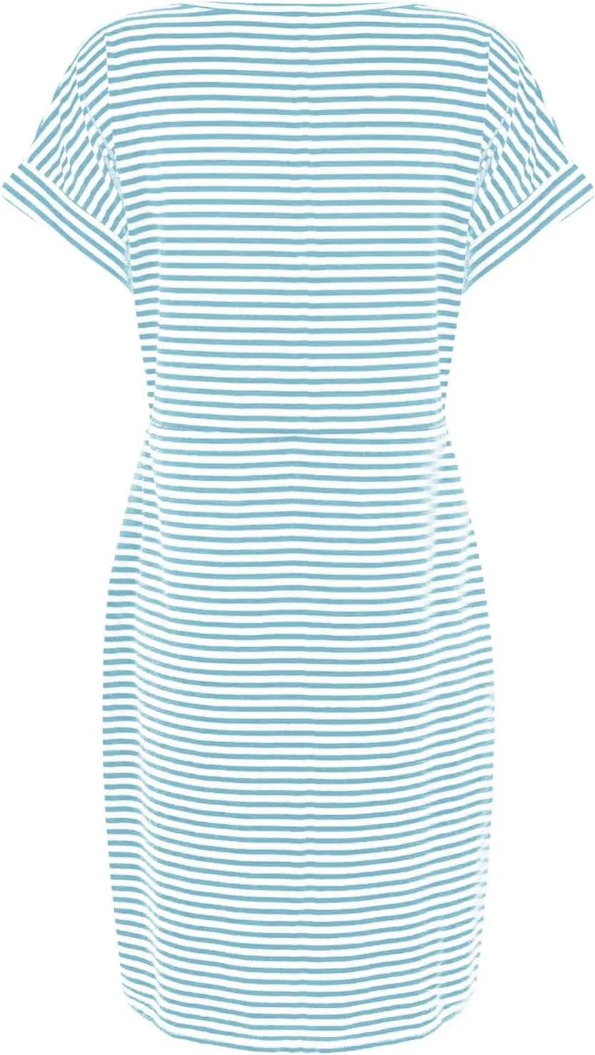 Women's Casual Dresses Summer Striped T Shirt Mini Dresses Short Sleeve Crewneck Dress Tie Waist Dress with Pockets
