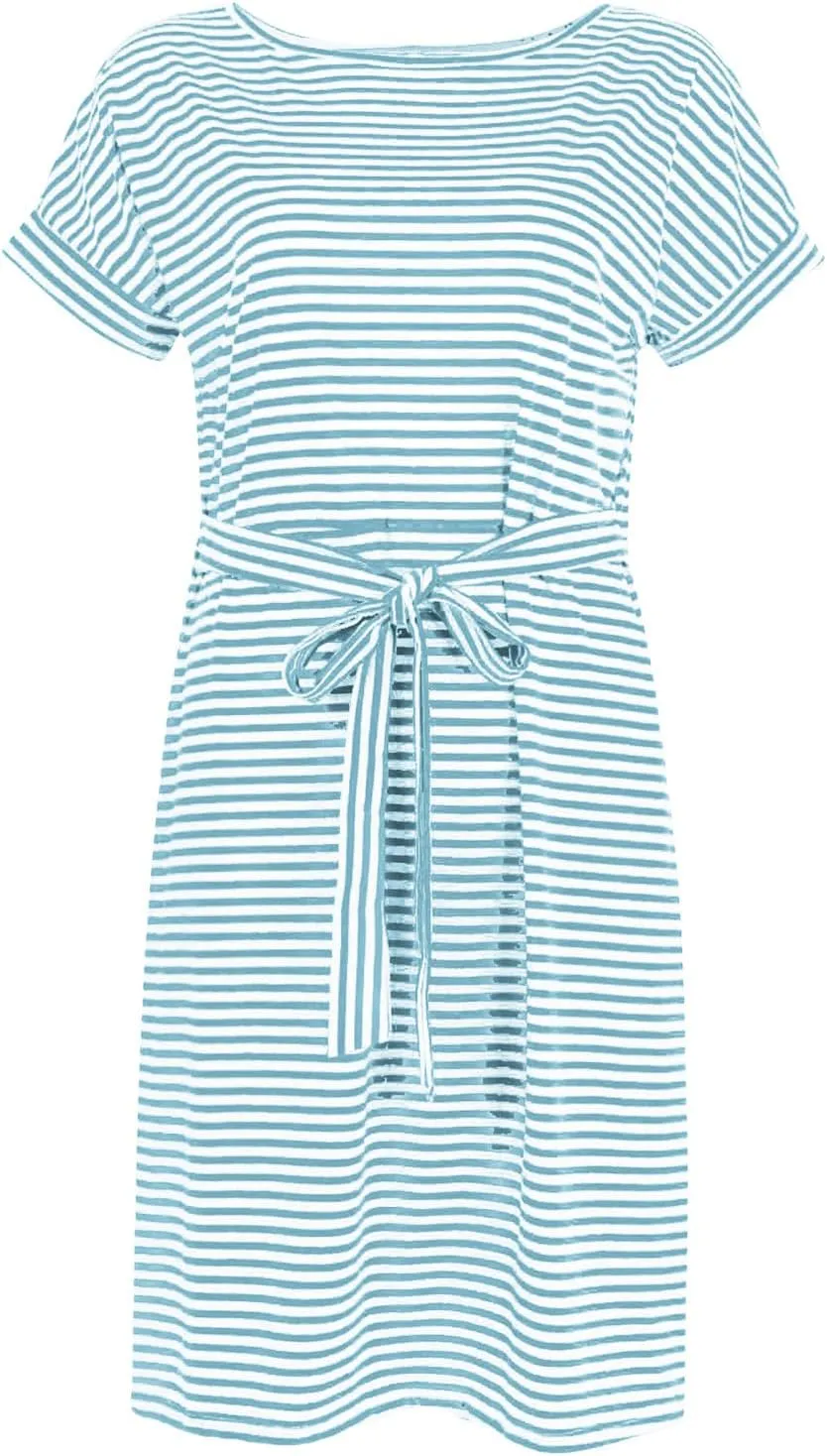 Women's Casual Dresses Summer Striped T Shirt Mini Dresses Short Sleeve Crewneck Dress Tie Waist Dress with Pockets