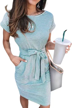 Women's Casual Dresses Summer Striped T Shirt Mini Dresses Short Sleeve Crewneck Dress Tie Waist Dress with Pockets