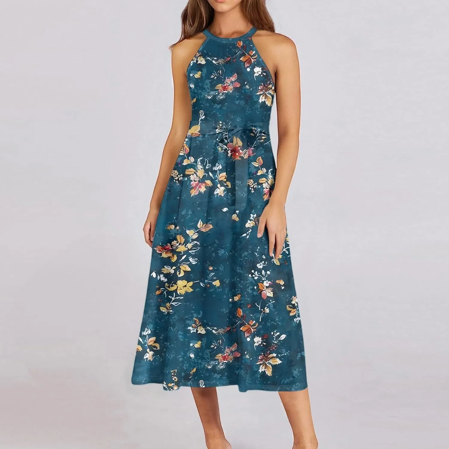 Women's Casual Fashion Halter Crew Neck Floral Print Basic Sleeveless Loose Boho Belt Ruffle Swing Hem Midi Sundress
