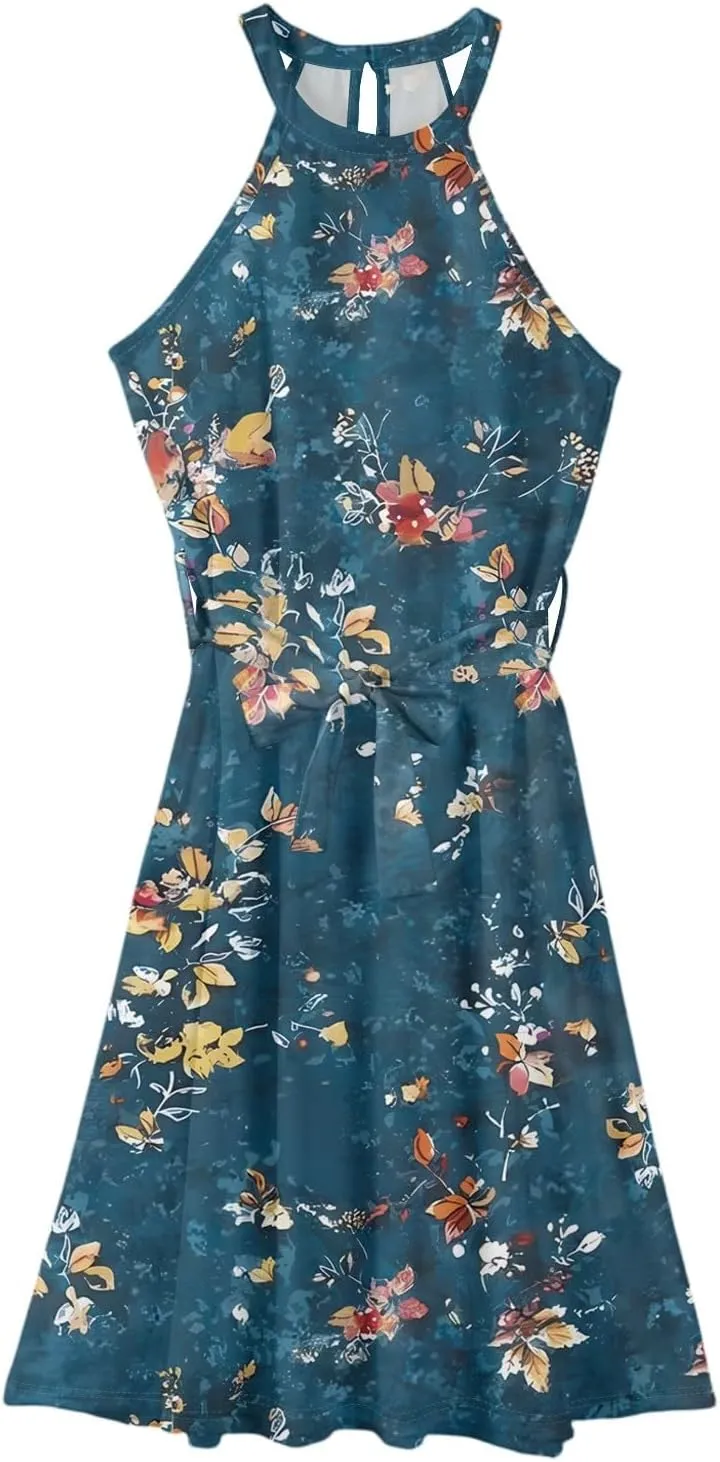 Women's Casual Fashion Halter Crew Neck Floral Print Basic Sleeveless Loose Boho Belt Ruffle Swing Hem Midi Sundress