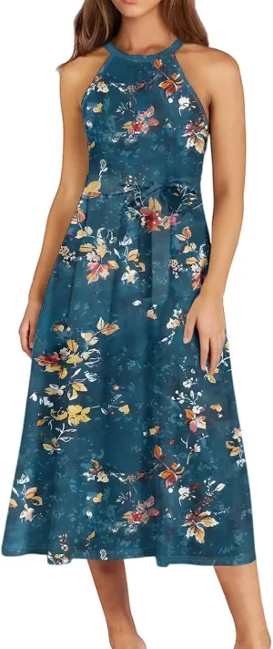 Women's Casual Fashion Halter Crew Neck Floral Print Basic Sleeveless Loose Boho Belt Ruffle Swing Hem Midi Sundress