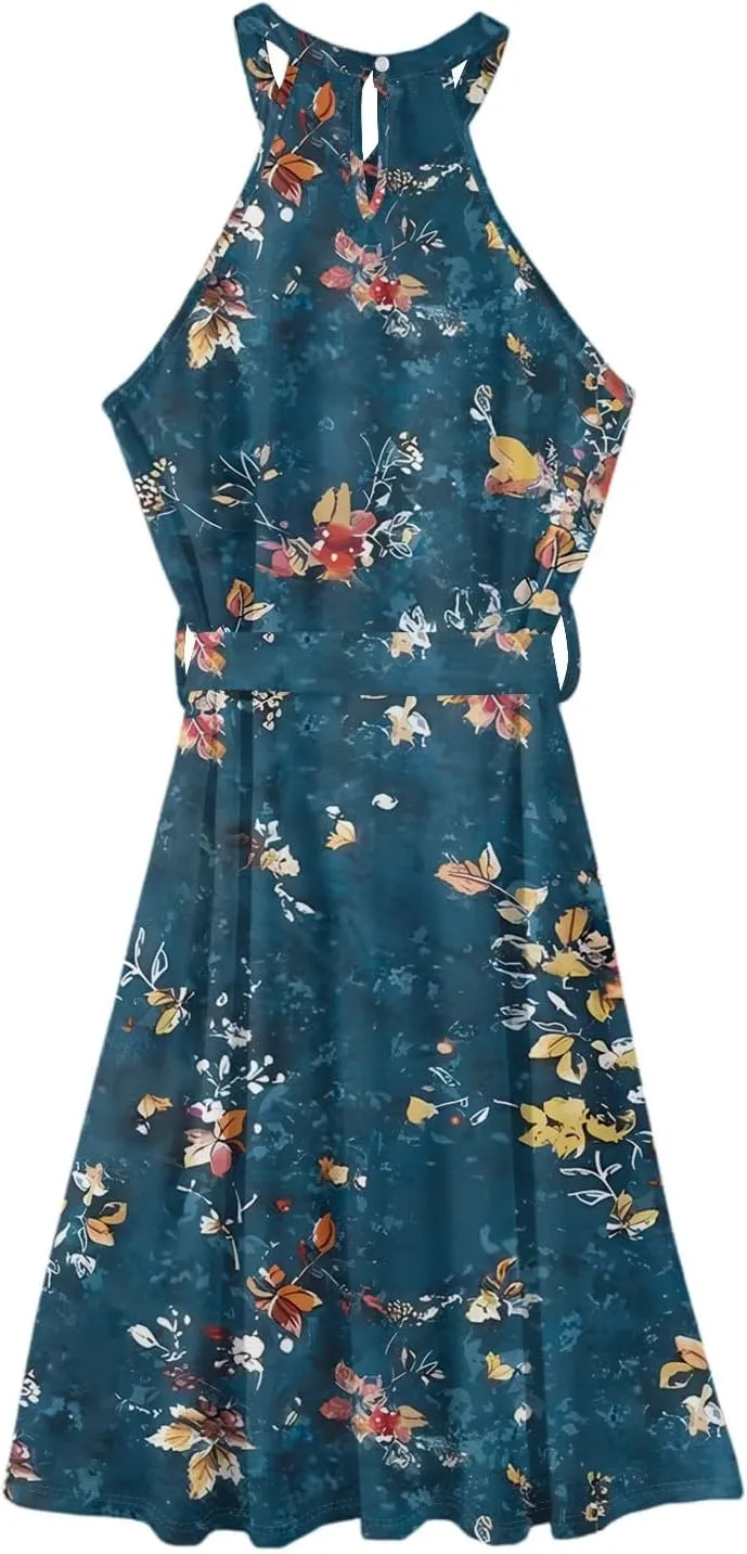 Women's Casual Fashion Halter Crew Neck Floral Print Basic Sleeveless Loose Boho Belt Ruffle Swing Hem Midi Sundress