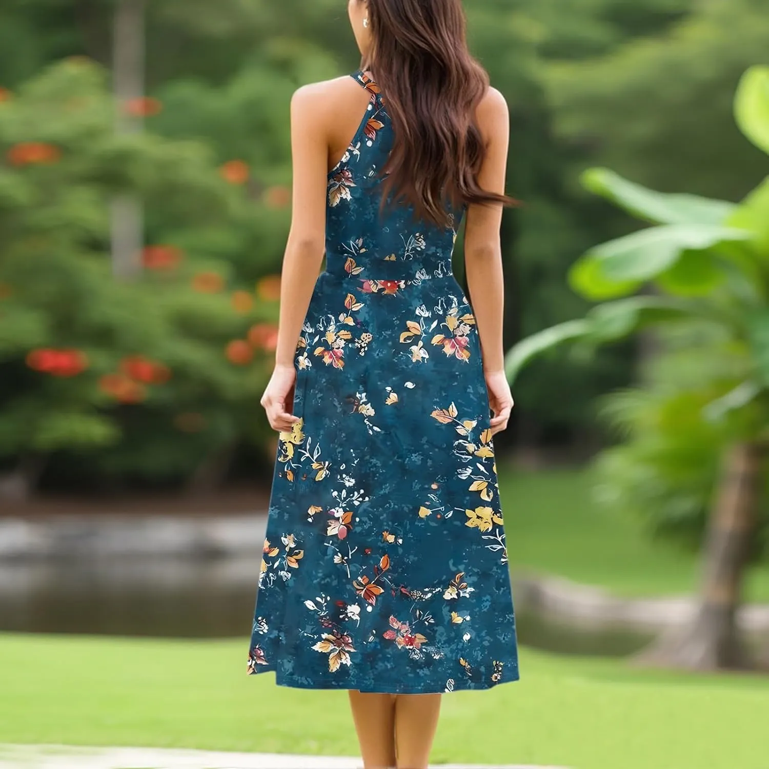 Women's Casual Fashion Halter Crew Neck Floral Print Basic Sleeveless Loose Boho Belt Ruffle Swing Hem Midi Sundress