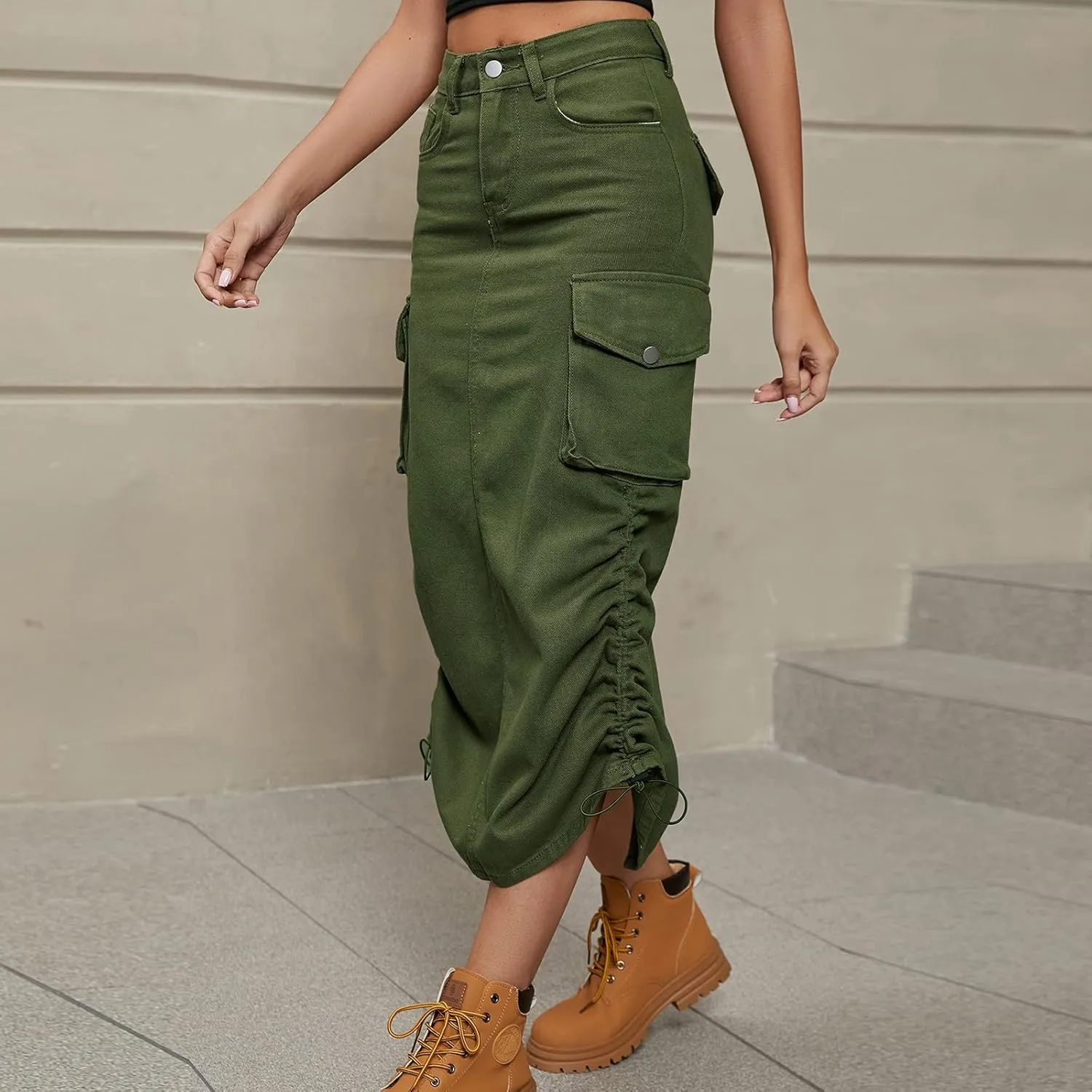 Women's Casual High Waist Maxi Skirt Denim Jean Cargo Skirts with Pockets A-Line Solid Bodycon Dress Skort