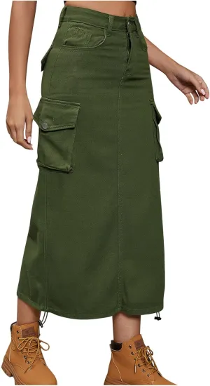 Women's Casual High Waist Maxi Skirt Denim Jean Cargo Skirts with Pockets A-Line Solid Bodycon Dress Skort