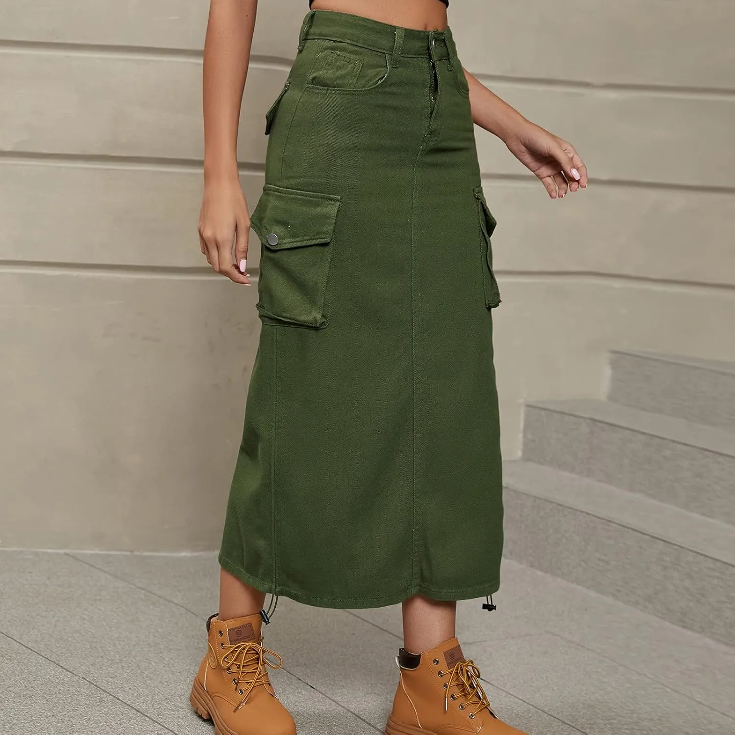 Women's Casual High Waist Maxi Skirt Denim Jean Cargo Skirts with Pockets A-Line Solid Bodycon Dress Skort