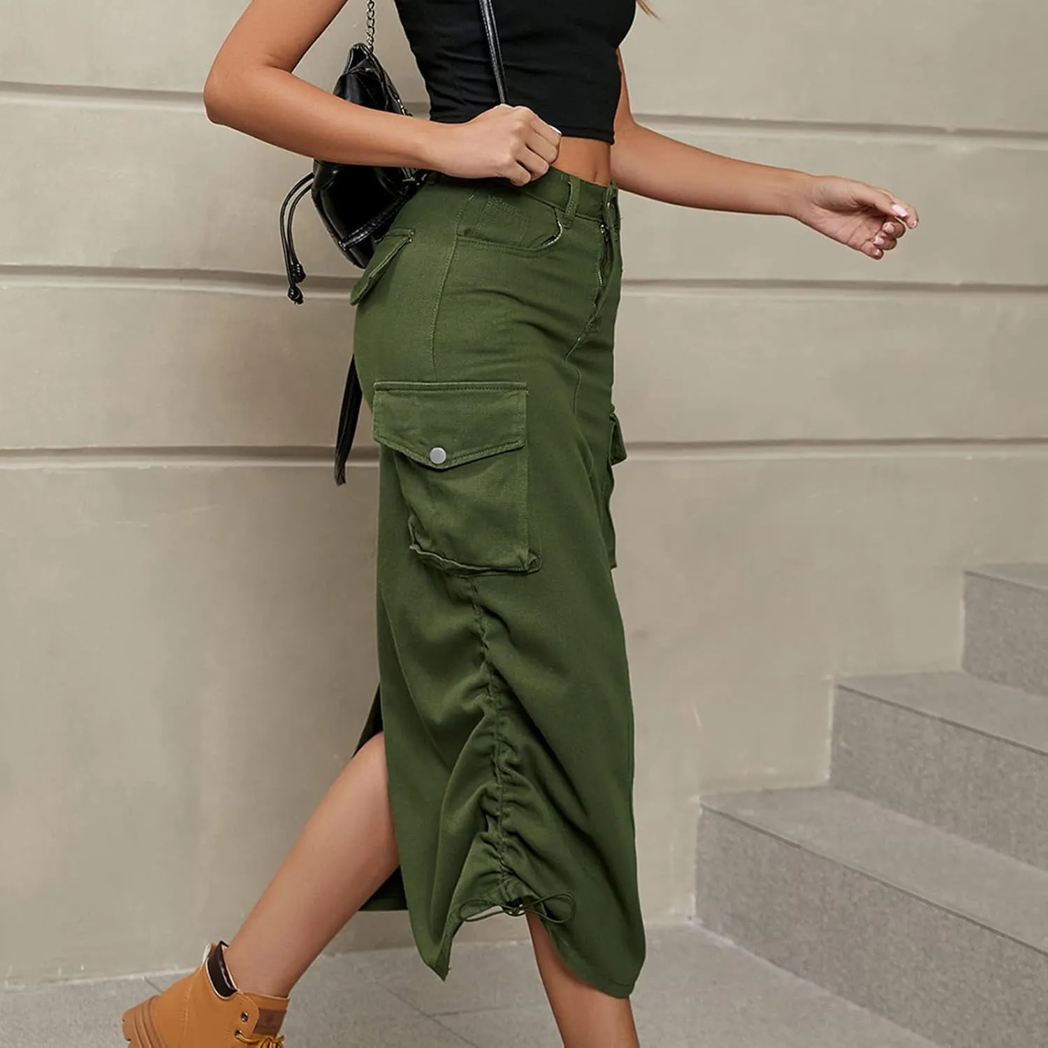 Women's Casual High Waist Maxi Skirt Denim Jean Cargo Skirts with Pockets A-Line Solid Bodycon Dress Skort