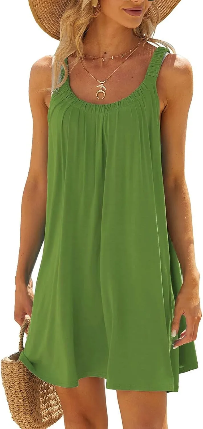 Womens Causal Summer Dress Beach Dress Sleeveless Waist Tie Front Bikini A- Line Mini Short Sun Dresses Beachwear