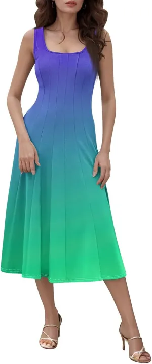 Womens Cocktail Sundresses,Formal Crew Neck Plus Size A Line Midi Dresses Casual Floral Smocked Flowy Tank Dress