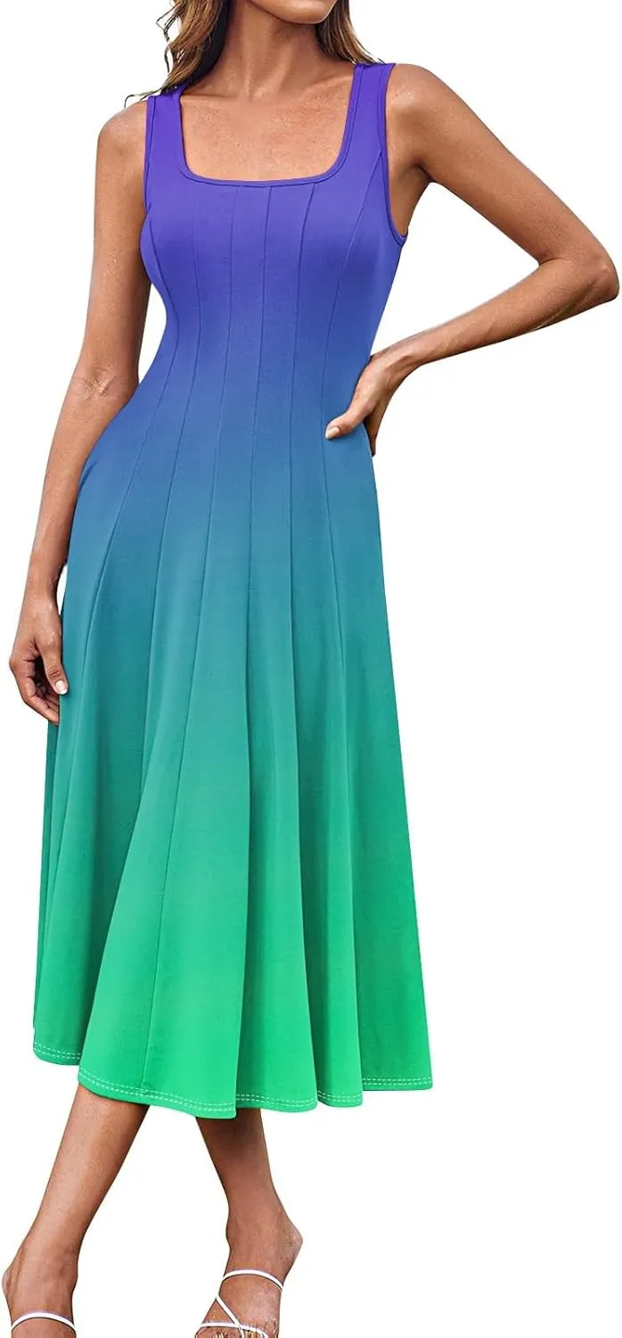 Womens Cocktail Sundresses,Formal Crew Neck Plus Size A Line Midi Dresses Casual Floral Smocked Flowy Tank Dress