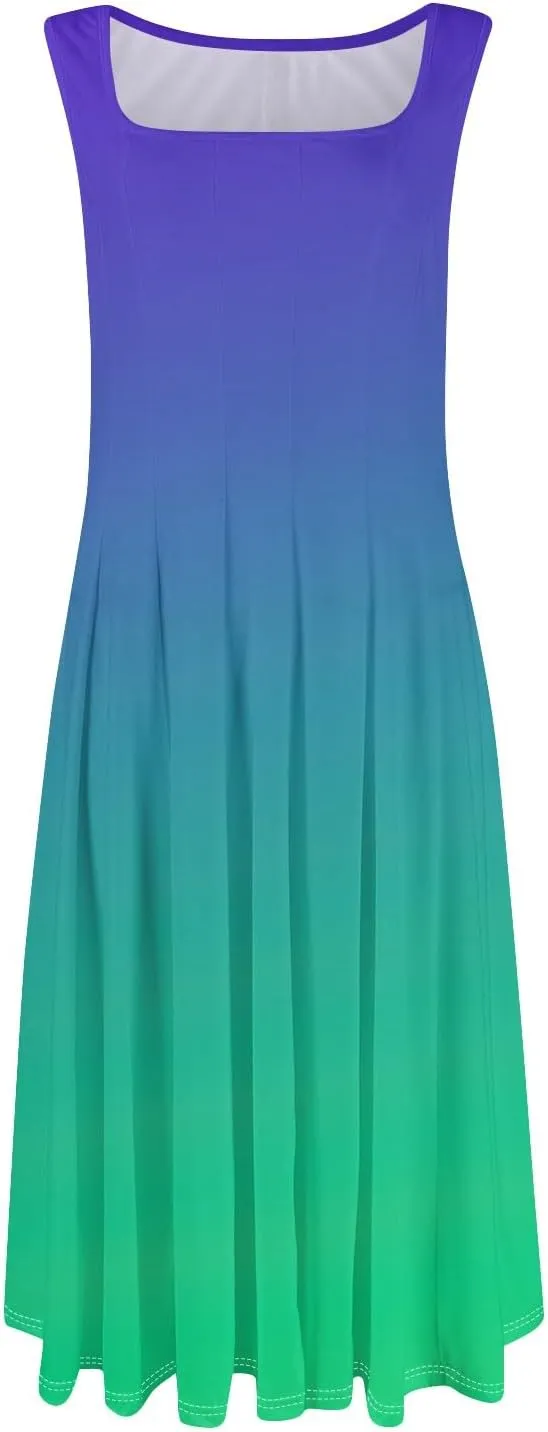 Womens Cocktail Sundresses,Formal Crew Neck Plus Size A Line Midi Dresses Casual Floral Smocked Flowy Tank Dress