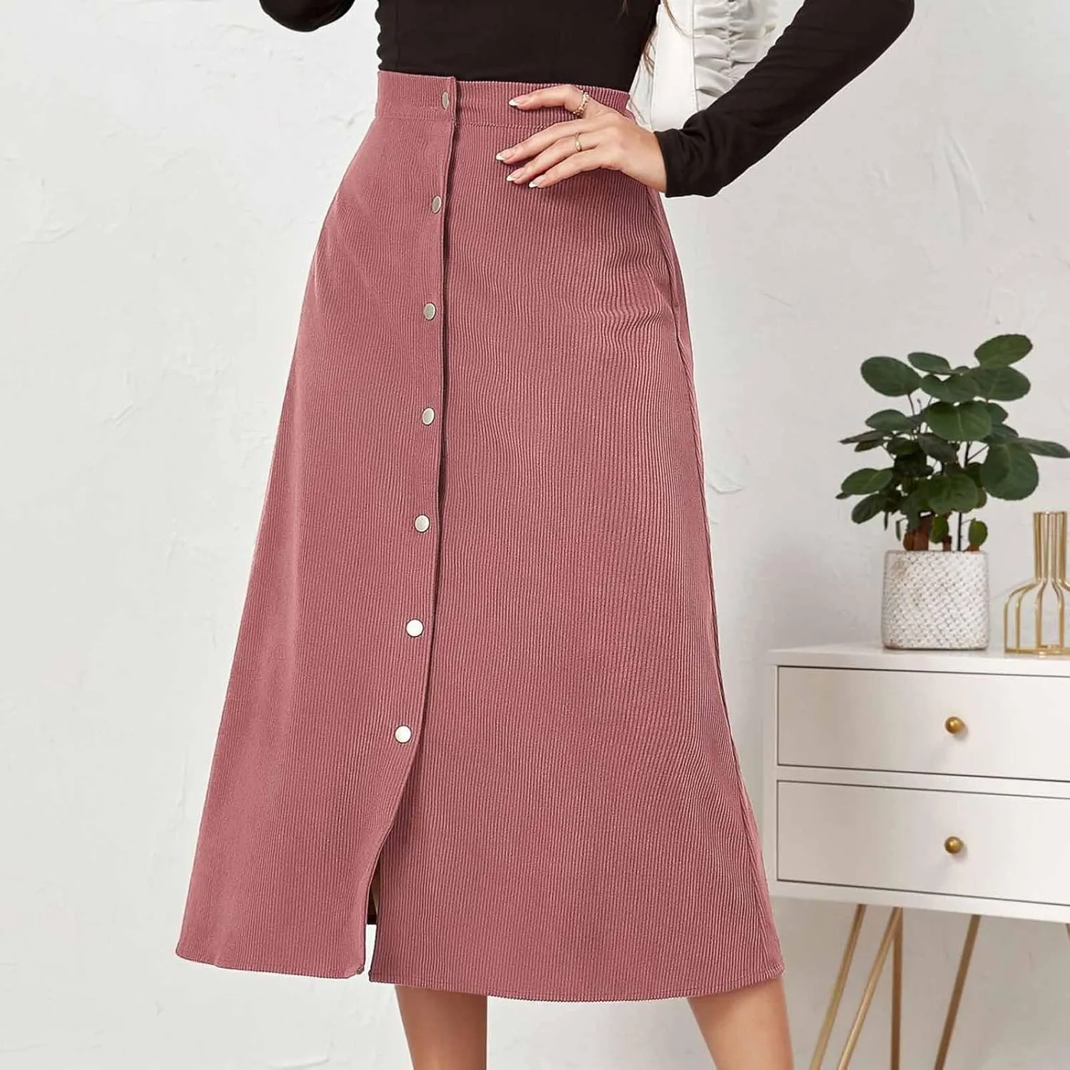 Women's Corduroy High Waisted Button Maxi Skirts A Line Slim Solid Single Breasted Midi Skirts for Fall Winter Spring