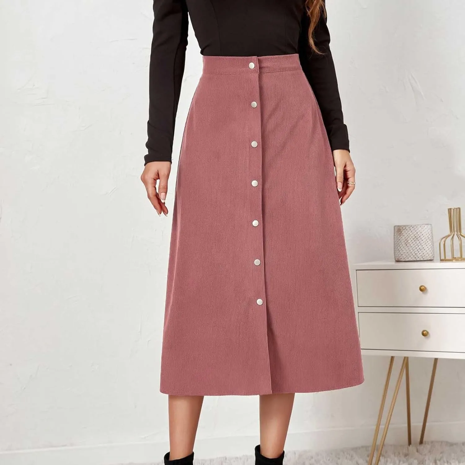 Women's Corduroy High Waisted Button Maxi Skirts A Line Slim Solid Single Breasted Midi Skirts for Fall Winter Spring