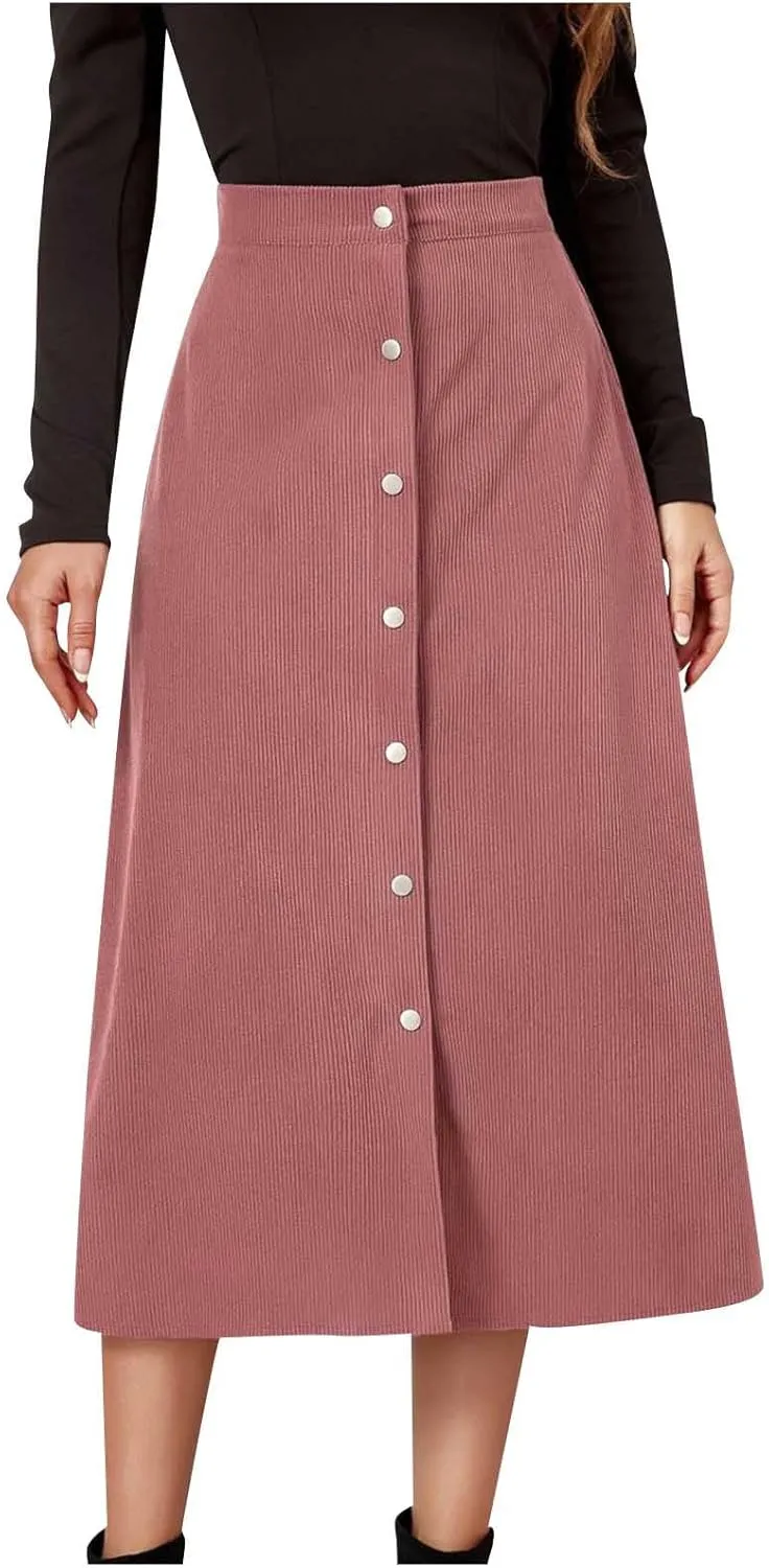Women's Corduroy High Waisted Button Maxi Skirts A Line Slim Solid Single Breasted Midi Skirts for Fall Winter Spring