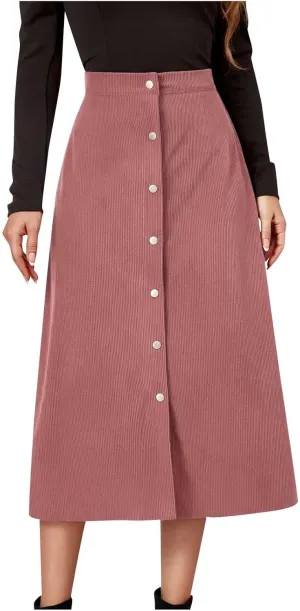 Women's Corduroy High Waisted Button Maxi Skirts A Line Slim Solid Single Breasted Midi Skirts for Fall Winter Spring