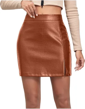Women's Faux Leather Skirt High Waisted Split Hem Short PU Leather Skirt Party Night Out Bodycon Pencil Mini Skirts