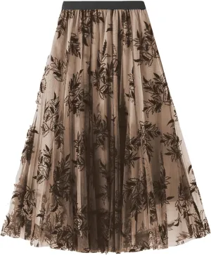 Womens Floral Embroidery Midi Skirts Dressy Elastic High Waisted A Line Cute Layered Fairy Mesh Tulle Pleated Skirt