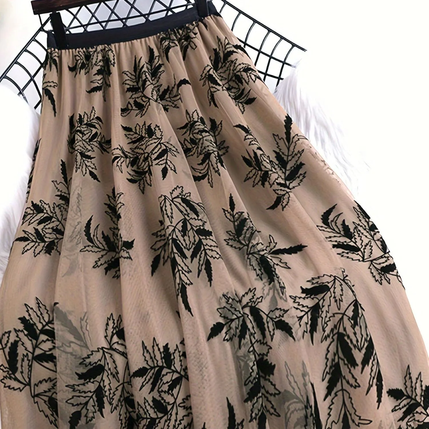 Womens Floral Embroidery Midi Skirts Dressy Elastic High Waisted A Line Cute Layered Fairy Mesh Tulle Pleated Skirt