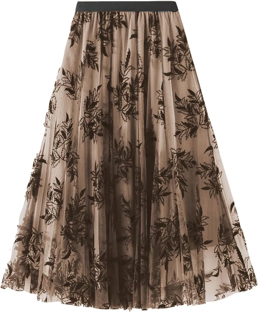 Womens Floral Embroidery Midi Skirts Dressy Elastic High Waisted A Line Cute Layered Fairy Mesh Tulle Pleated Skirt