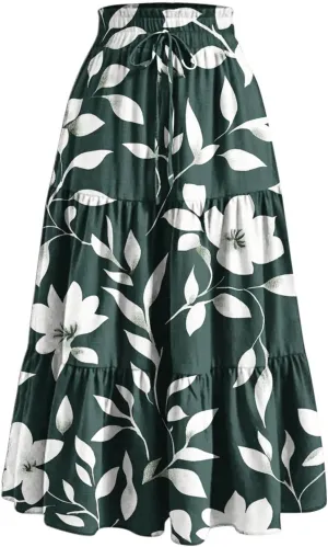 Womens Floral Print Long Skirt Boho Summer Beach Vacation Pleated Drawstring Elastic High Waisted Casual Maxi Skirt