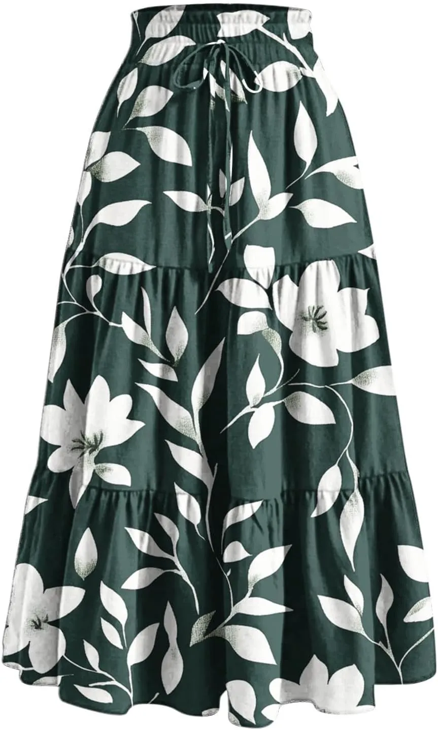 Womens Floral Print Long Skirt Boho Summer Beach Vacation Pleated Drawstring Elastic High Waisted Casual Maxi Skirt