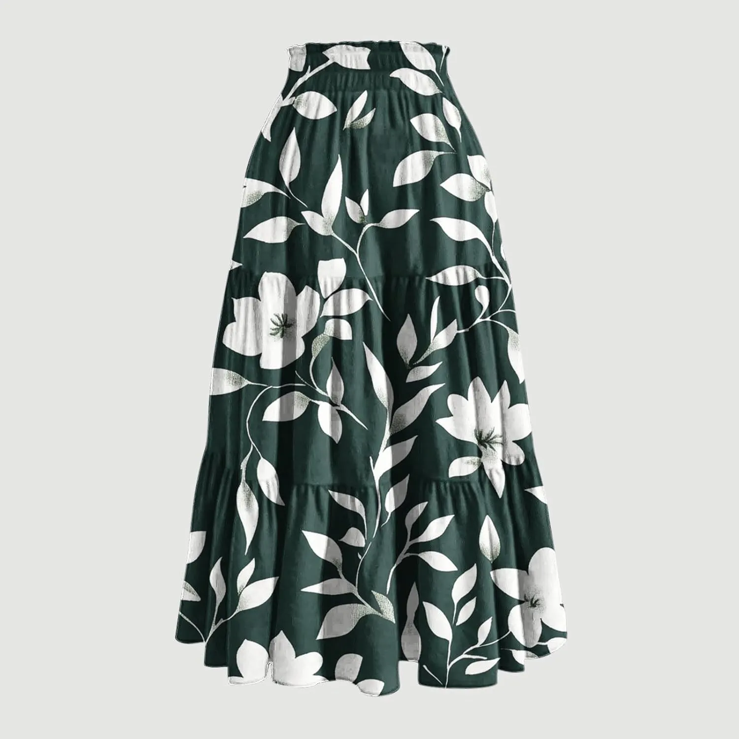 Womens Floral Print Long Skirt Boho Summer Beach Vacation Pleated Drawstring Elastic High Waisted Casual Maxi Skirt