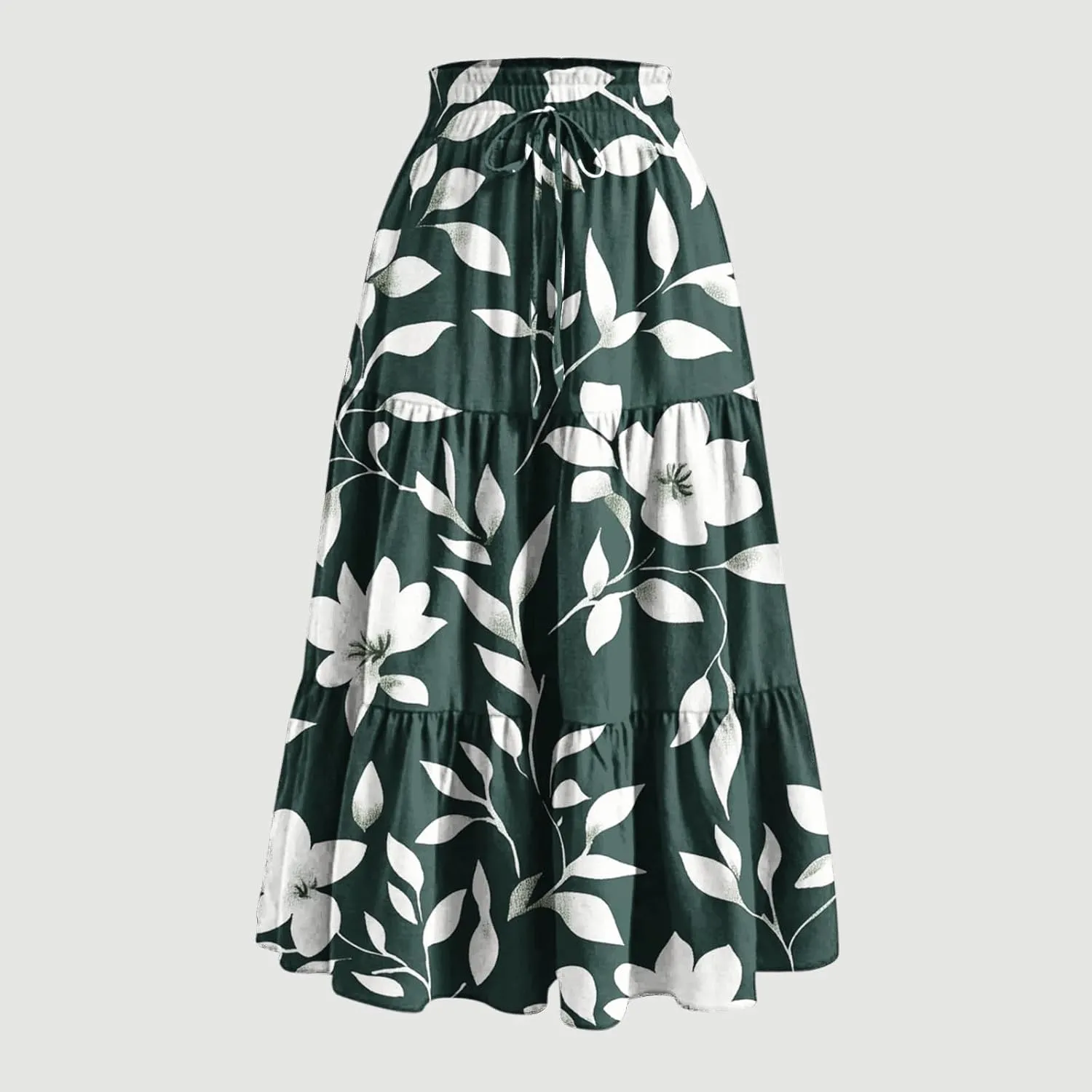 Womens Floral Print Long Skirt Boho Summer Beach Vacation Pleated Drawstring Elastic High Waisted Casual Maxi Skirt