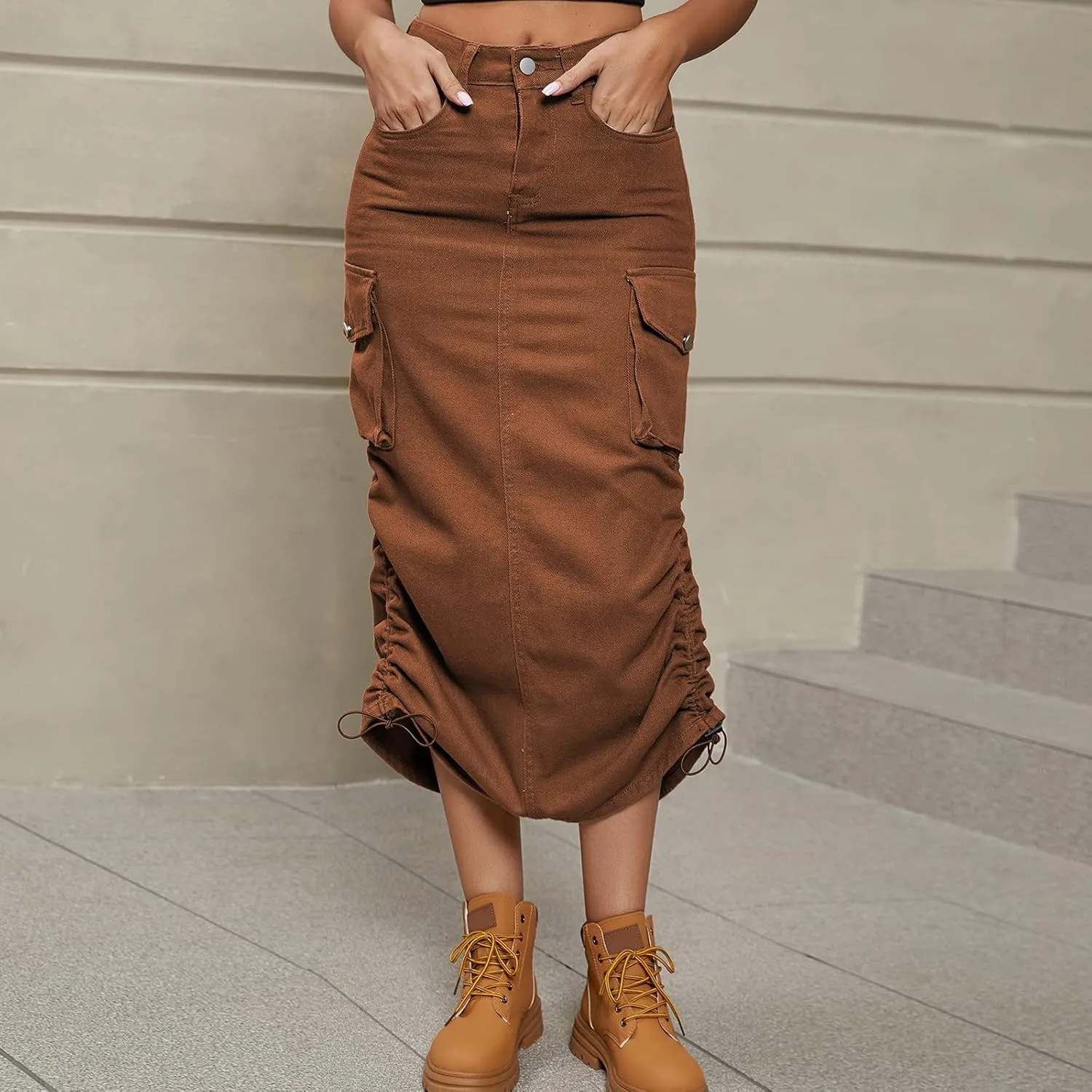 Womens Loose Fit Denim Skort for Women Midi Knee High Pleated Western High Cut Tie Knot Smocked Plain 2024 Y2K