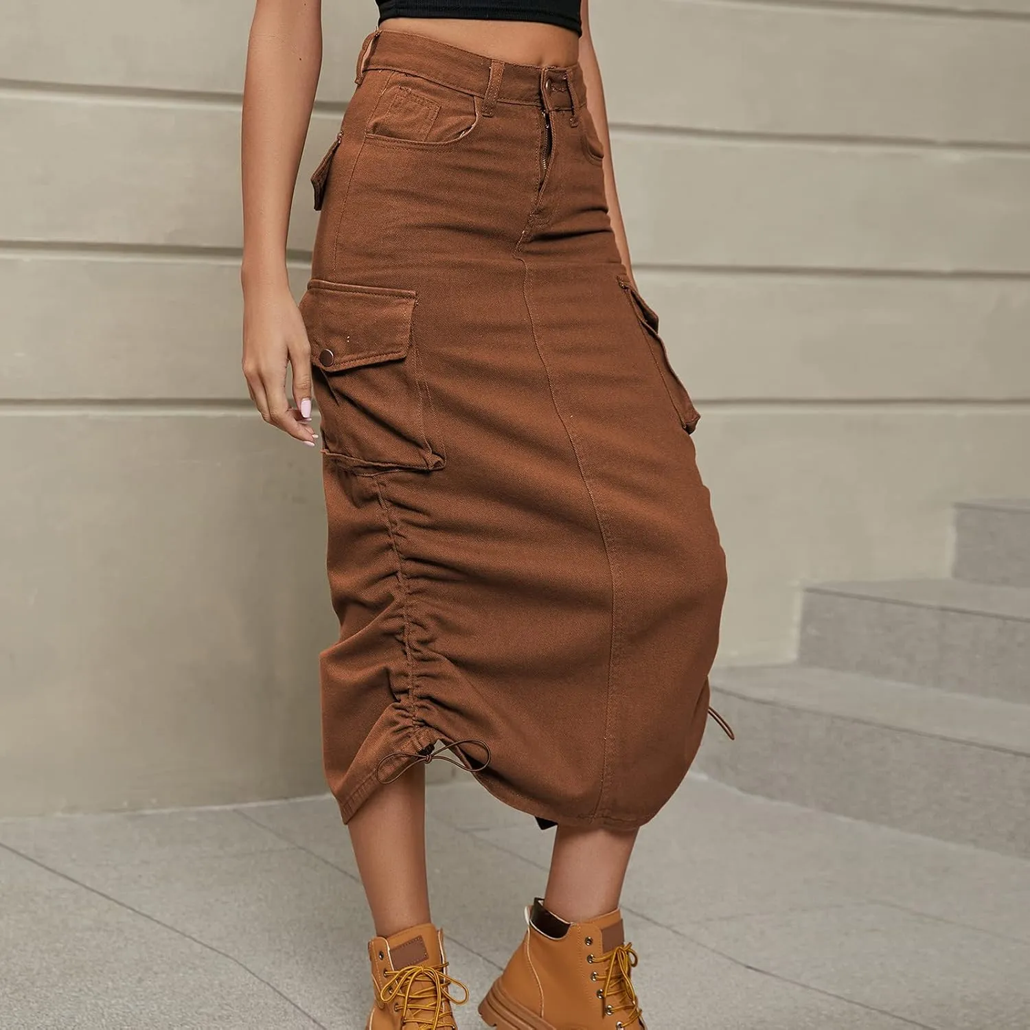 Womens Loose Fit Denim Skort for Women Midi Knee High Pleated Western High Cut Tie Knot Smocked Plain 2024 Y2K