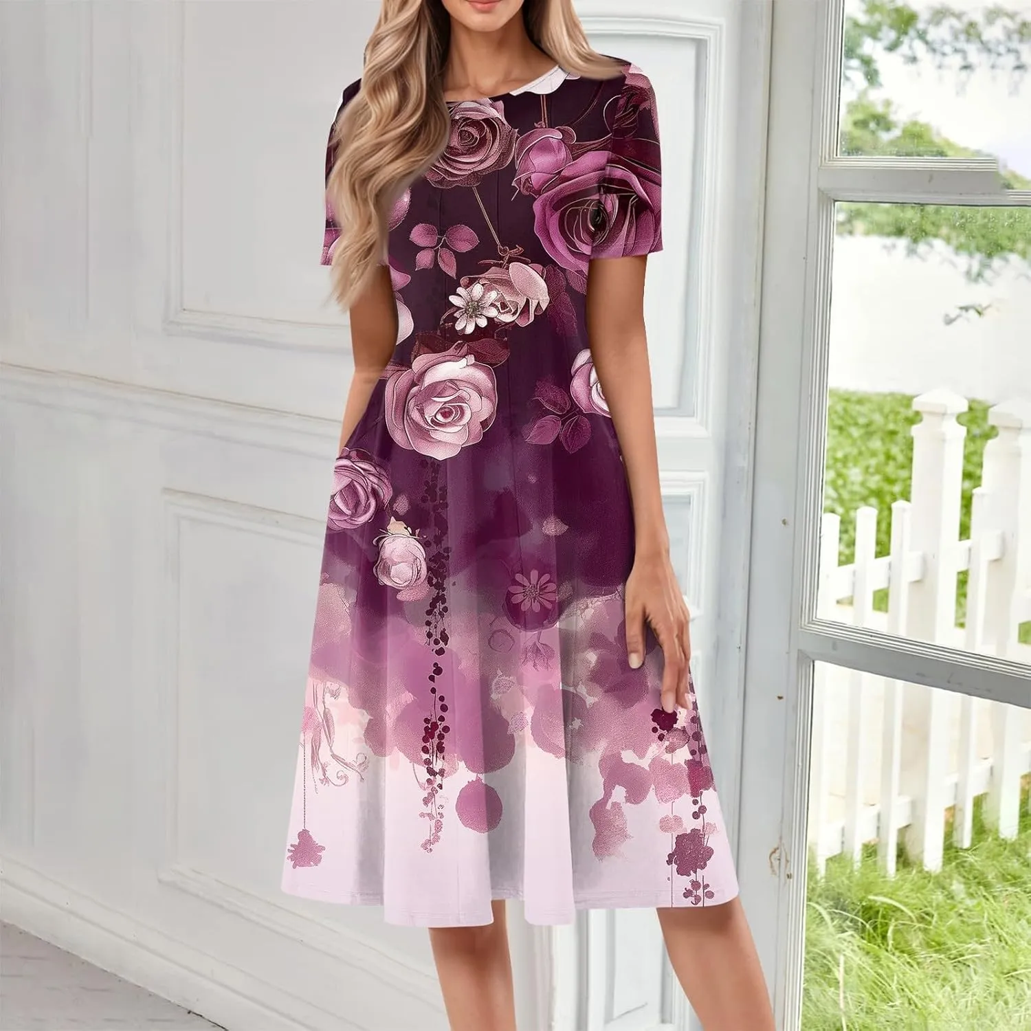 Women's Midi Dresses Summer Casual Loose Trendy Short Sleeve Crew Neck Floral Print Boho Dress 2025 Plus Size, S-3XL