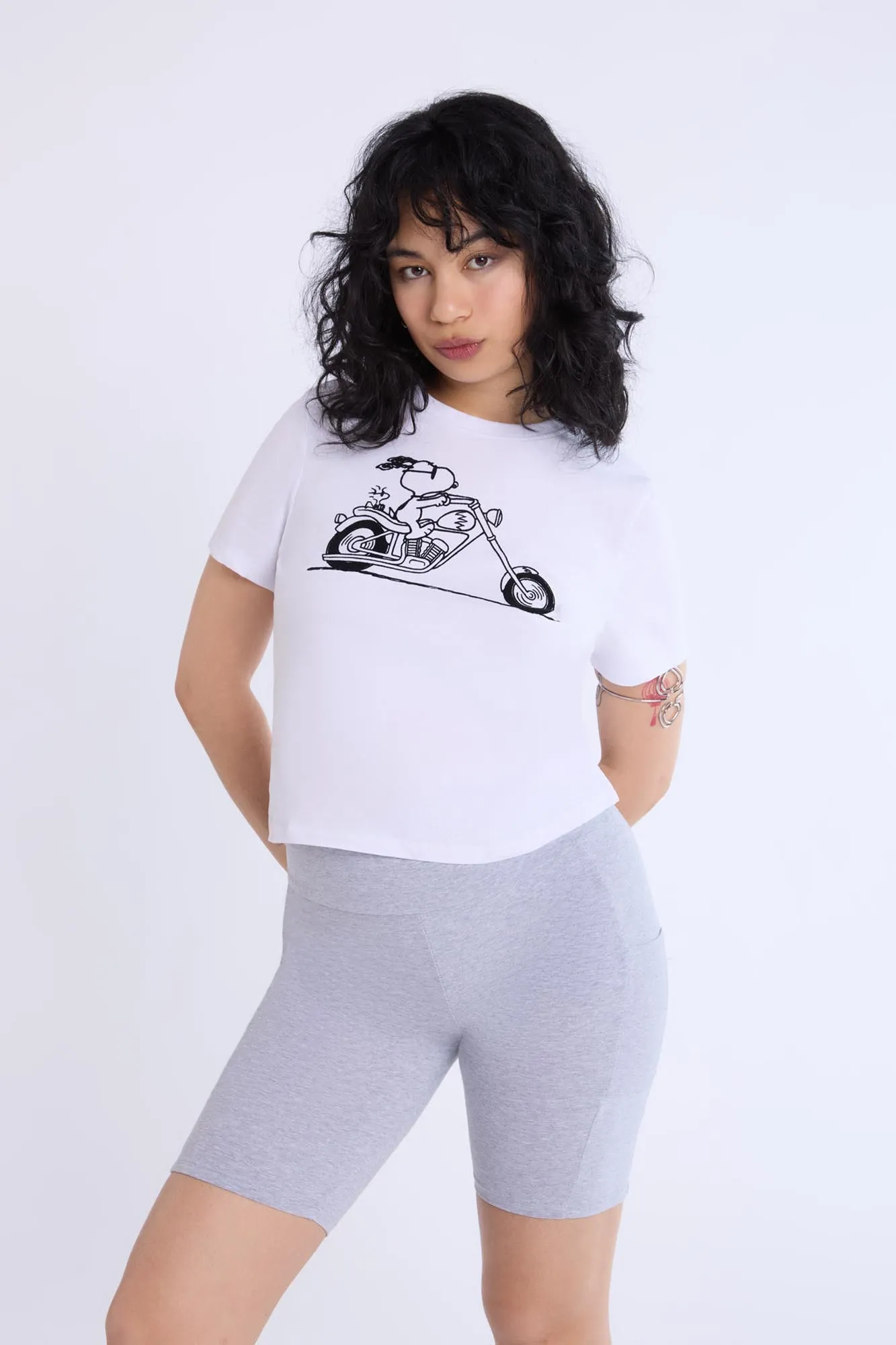 Womens Motorcycle Snoopy Graphic Baby Tee