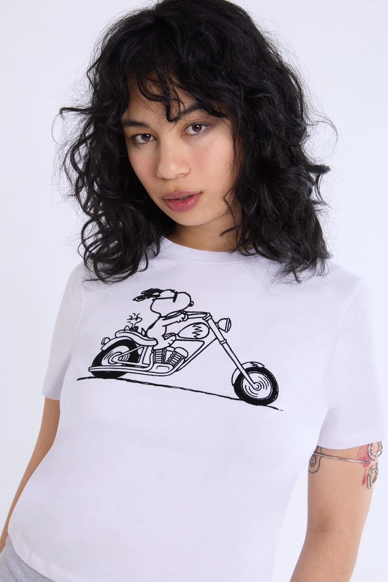 Womens Motorcycle Snoopy Graphic Baby Tee