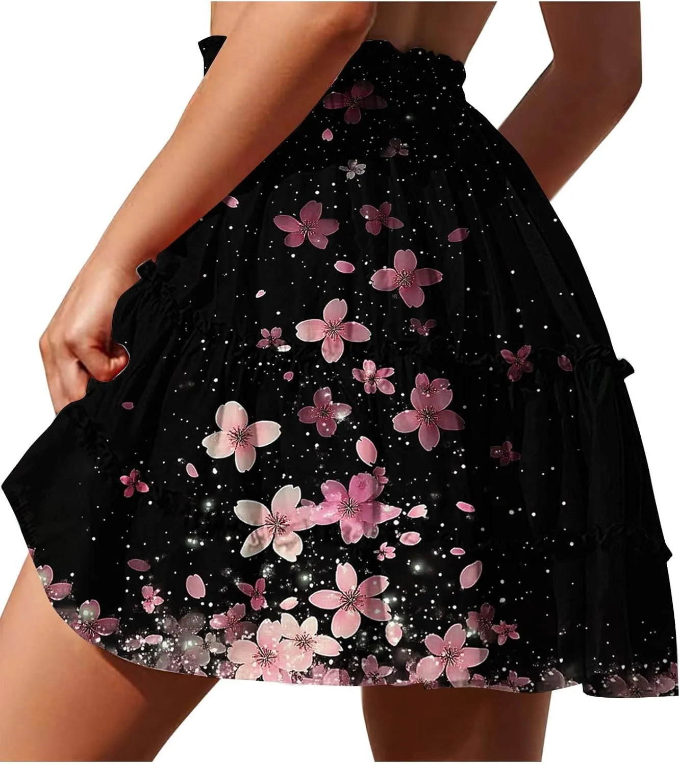 Women's Pleated Short Skirts Elastic High Waist Drawstring Fashion Print Beach Skirt Summer Boho Tiered Maxi Skirts