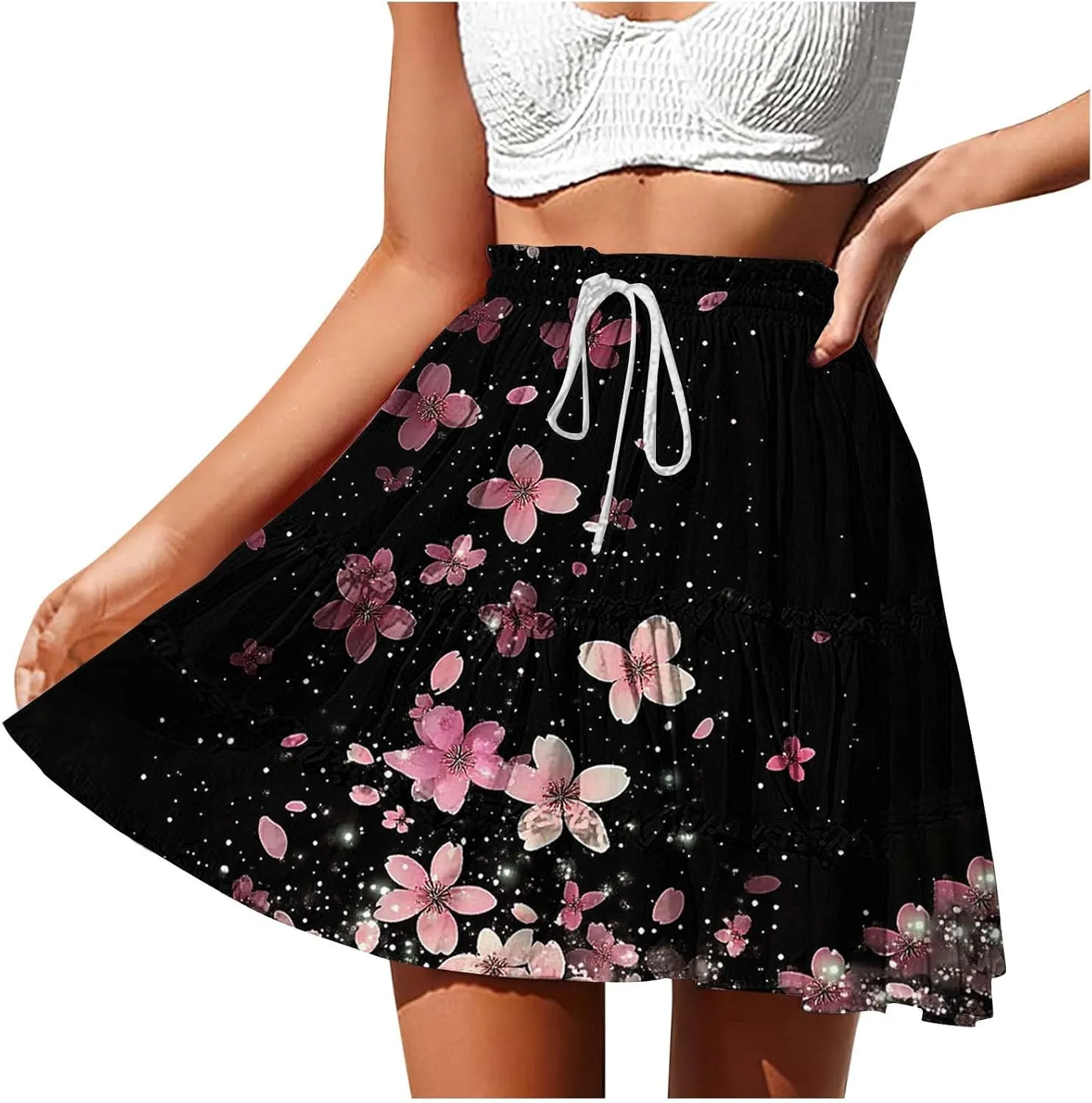 Women's Pleated Short Skirts Elastic High Waist Drawstring Fashion Print Beach Skirt Summer Boho Tiered Maxi Skirts
