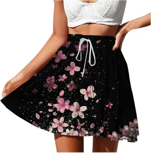 Women's Pleated Short Skirts Elastic High Waist Drawstring Fashion Print Beach Skirt Summer Boho Tiered Maxi Skirts