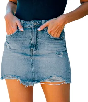 Women's Ripped Bodycon Denim Skirts Casual High Waisted Button Raw Hem Jean Skirt A-Line Pencil Jeans Mini Skirts in Shorts