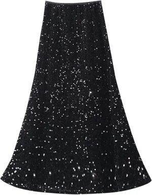 Women's Sequin Maxi Skirts Elastic High Waist Bodycon Long Mermaid Skirt Flared Wedding Party Formal Prom Skirts