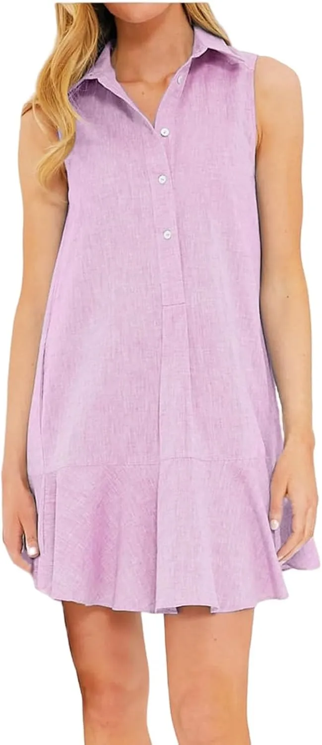 Womens Sleeveless Shirt Dress Lapel Half Nail Buckle Mini Dresses Ruffle Hem Summer Casual Beach Vacation Dress