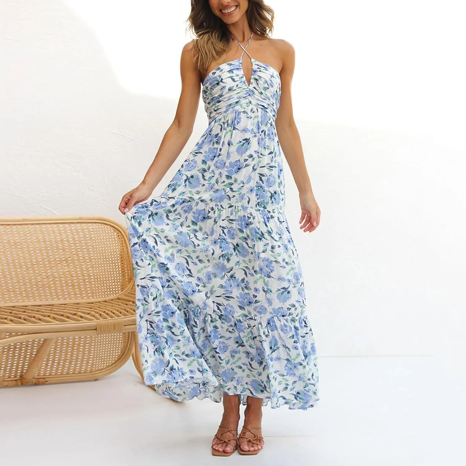 Womens Spaghetti Strap Summer Maxi Dress 2025 Square Neck Casual Printed Dress Boho Floral Beach Sundress