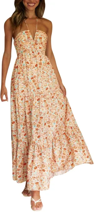 Womens Spaghetti Strap Summer Maxi Dress 2025 Square Neck Casual Printed Dress Boho Floral Beach Sundress