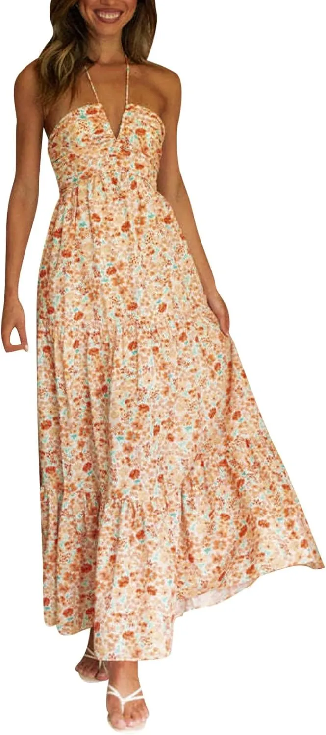 Womens Spaghetti Strap Summer Maxi Dress 2025 Square Neck Casual Printed Dress Boho Floral Beach Sundress
