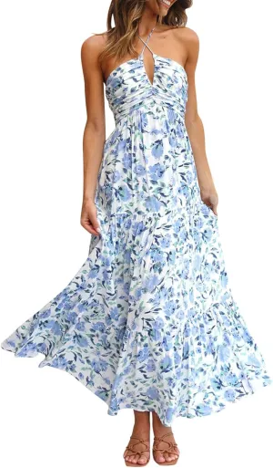 Womens Spaghetti Strap Summer Maxi Dress 2025 Square Neck Casual Printed Dress Boho Floral Beach Sundress
