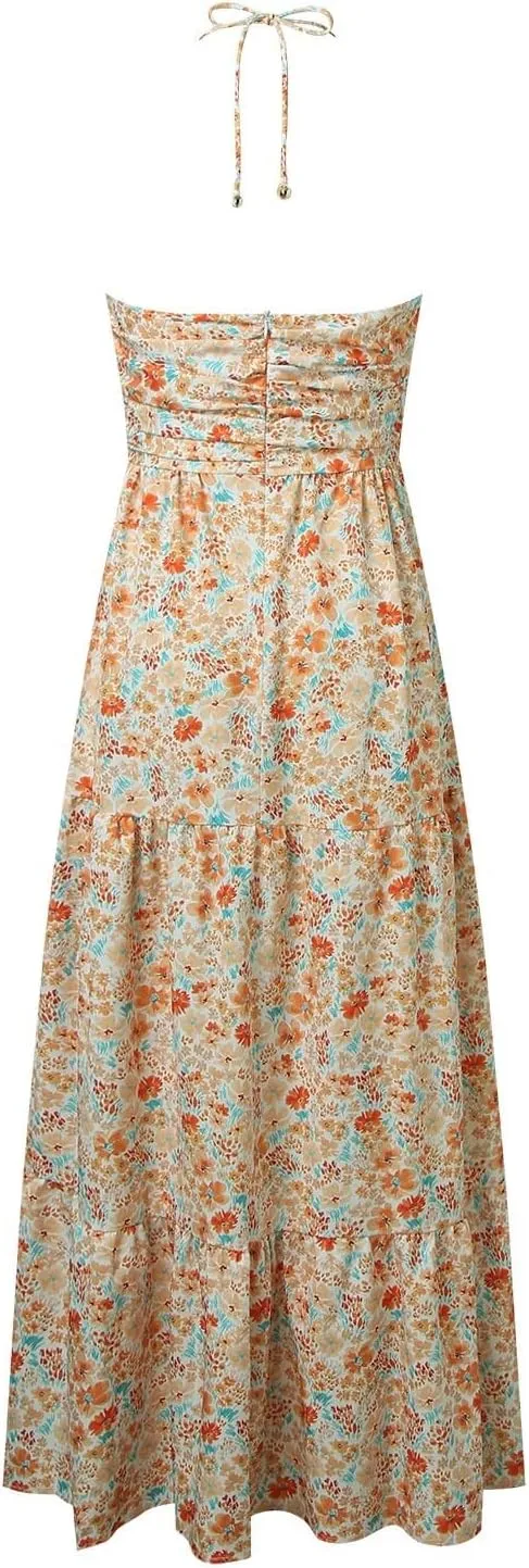 Womens Spaghetti Strap Summer Maxi Dress 2025 Square Neck Casual Printed Dress Boho Floral Beach Sundress