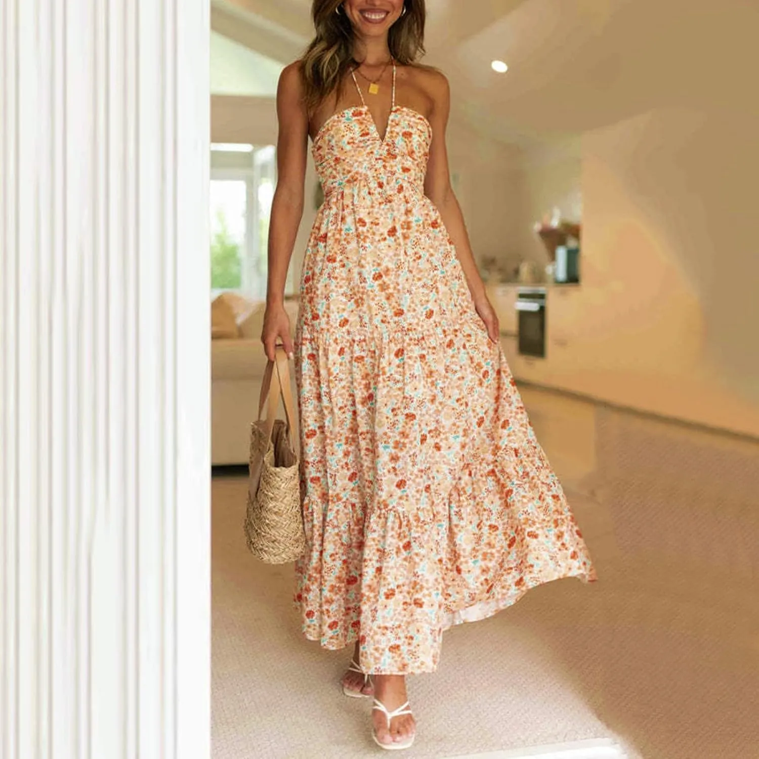 Womens Spaghetti Strap Summer Maxi Dress 2025 Square Neck Casual Printed Dress Boho Floral Beach Sundress