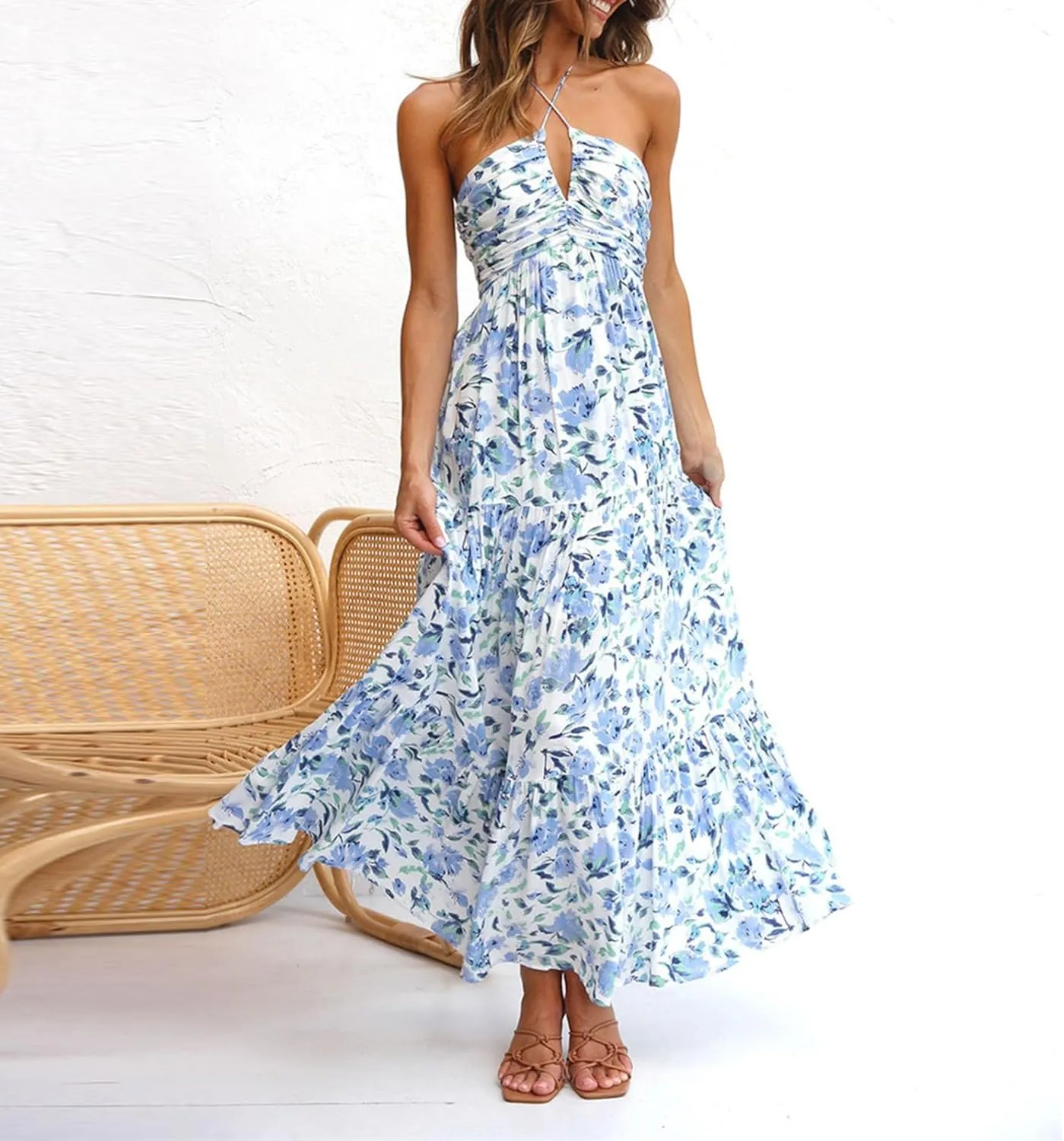 Womens Spaghetti Strap Summer Maxi Dress 2025 Square Neck Casual Printed Dress Boho Floral Beach Sundress