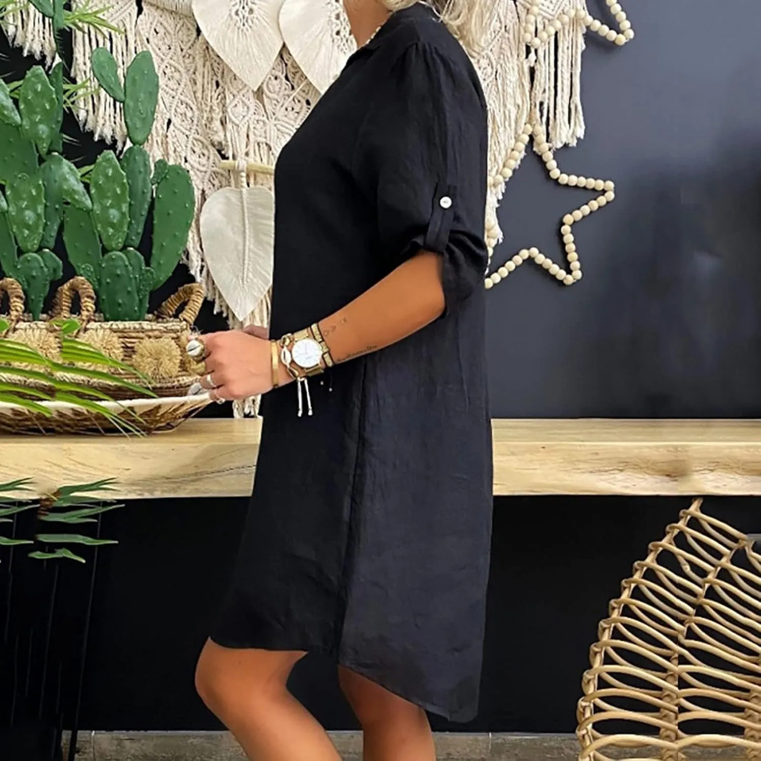 Women's Summer Casual Loose Trendy Short Sleeve Button Down Collar Solid Color Sun Beach Linen Dress, S-5XL