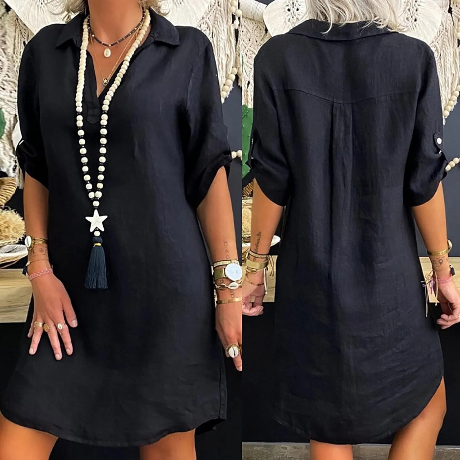 Women's Summer Casual Loose Trendy Short Sleeve Button Down Collar Solid Color Sun Beach Linen Dress, S-5XL